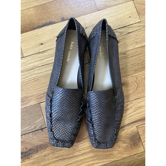 Kate Spade Hand Sewn Snake Print Embossed Leather Driving Loafers Gold 8.5 B - Picture 2 of 7